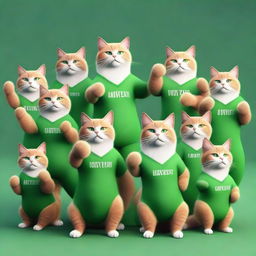 Ten muscular cats in green t-shirts standing with their paws up in a photorealistic style.