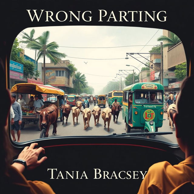 A book cover design featuring the perspective of a tuk tuk driver looking out through the front windscreen, capturing chaotic streets of Sri Lanka