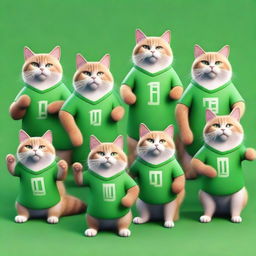 Ten muscular cats in green t-shirts standing with their paws up in a photorealistic style.