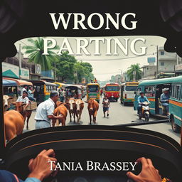 A book cover design featuring the perspective of a tuk tuk driver looking out through the front windscreen, capturing chaotic streets of Sri Lanka