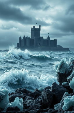 A dramatic, stormy seascape featuring tumultuous waves crashing against a rocky shoreline