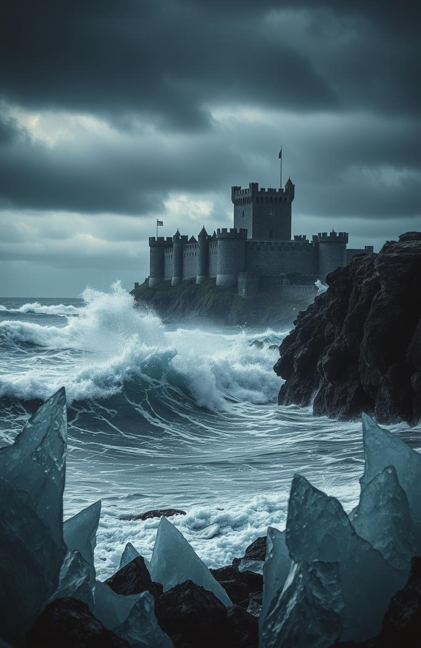A dramatic, stormy seascape featuring tumultuous waves crashing against a rocky shoreline