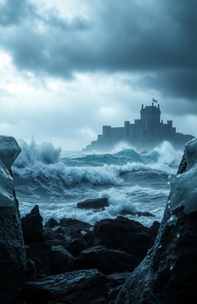 A dramatic, stormy seascape featuring tumultuous waves crashing against a rocky shoreline