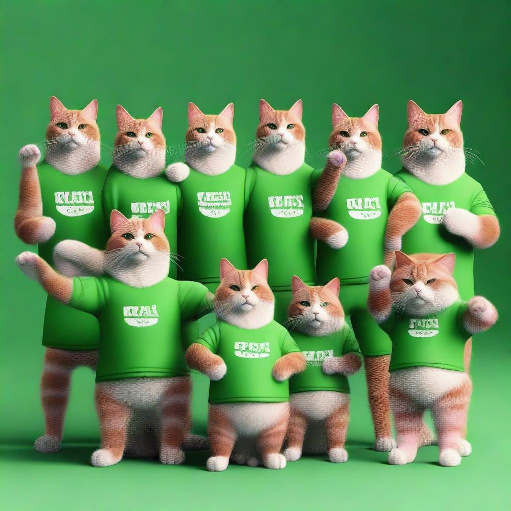 Ten muscular cats in green t-shirts standing with their paws up in a photorealistic style.