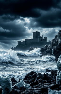 A dramatic, stormy seascape featuring tumultuous waves crashing against a rocky shoreline