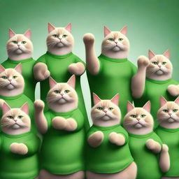 Ten muscular cats in green t-shirts standing with their paws up in a photorealistic style.