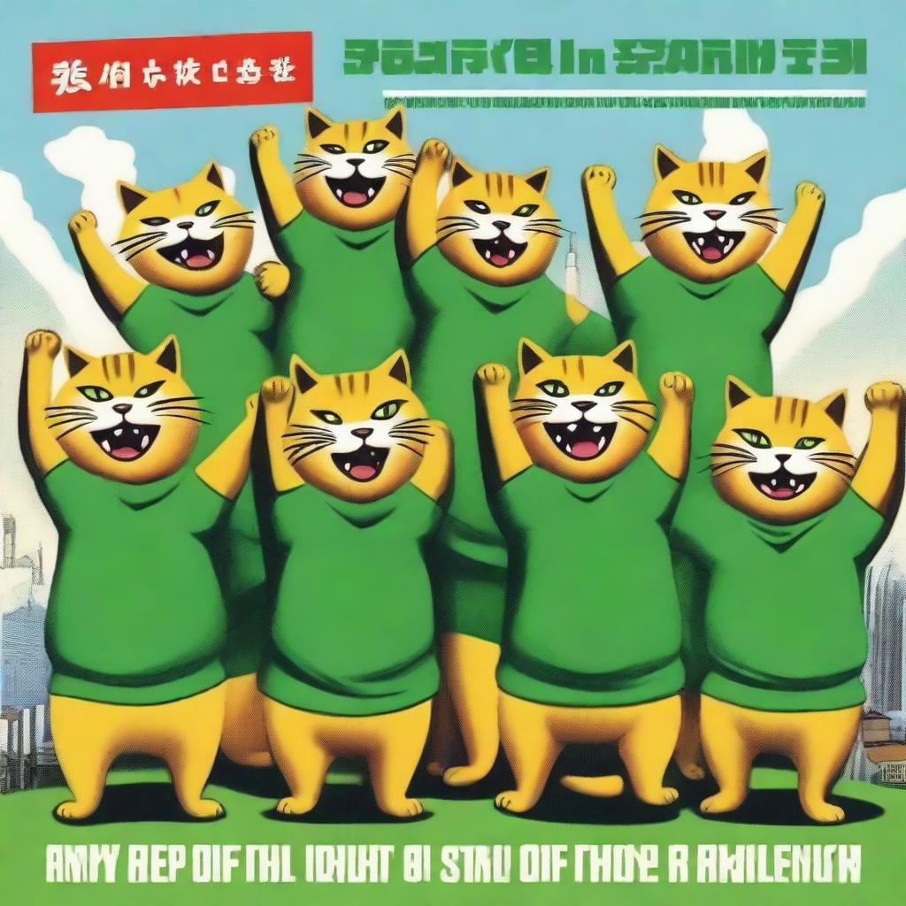 A postcard for the day of the defense of the Fatherland, featuring ten muscular cats in green t-shirts standing with their arms raised