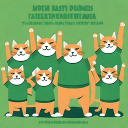 A postcard for the day of the defense of the Fatherland, featuring ten muscular cats in green t-shirts standing with their arms raised