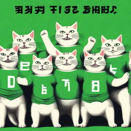 A postcard for the day of the defense of the Fatherland, featuring ten muscular cats in green t-shirts standing with their arms raised