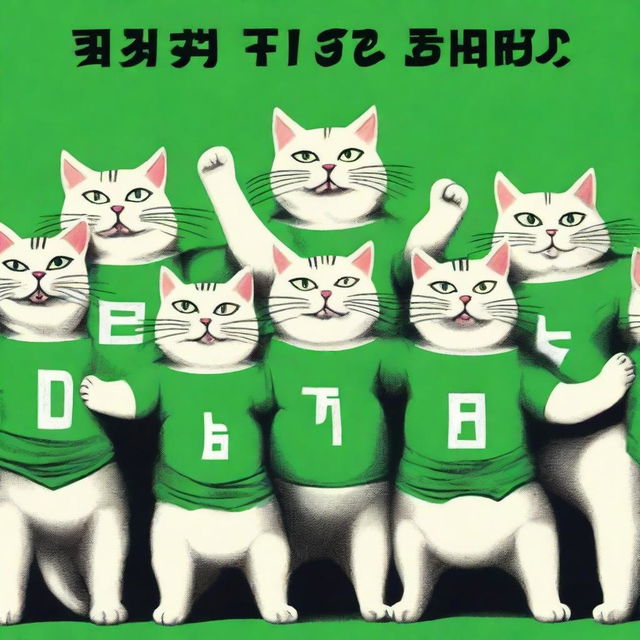 A postcard for the day of the defense of the Fatherland, featuring ten muscular cats in green t-shirts standing with their arms raised