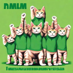 A postcard for the day of the defense of the Fatherland, featuring ten muscular cats in green t-shirts standing with their arms raised