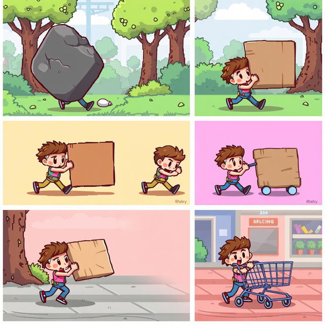 A series of dynamic pixel art illustrations featuring a character engaging in the action of pushing various objects