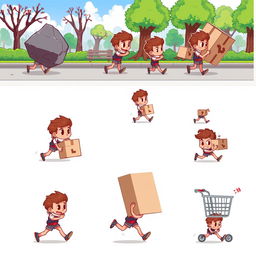 A series of dynamic pixel art illustrations featuring a character engaging in the action of pushing various objects