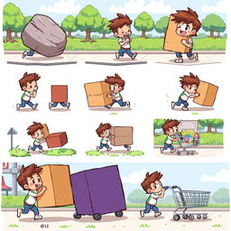 A series of dynamic pixel art illustrations featuring a character engaging in the action of pushing various objects