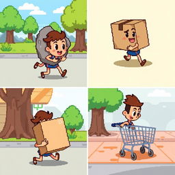 A series of dynamic pixel art illustrations featuring a character engaging in the action of pushing various objects