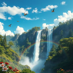 A stunning fantasy landscape featuring a giant waterfall cascading down a rocky cliff, surrounded by lush green forests and vibrant wildflowers