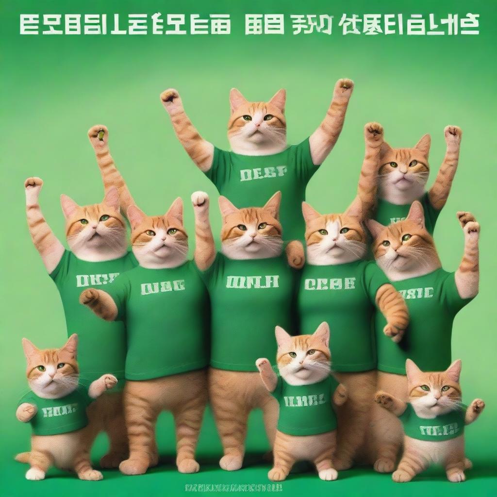 A photorealistic postcard for the day of the defense of the Fatherland, featuring ten muscular cats in green t-shirts standing with their arms raised