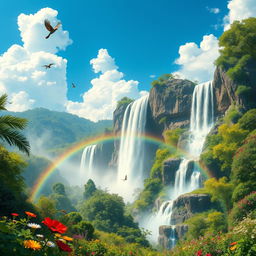 A stunning fantasy landscape featuring a giant waterfall cascading down a rocky cliff, surrounded by lush green forests and vibrant wildflowers