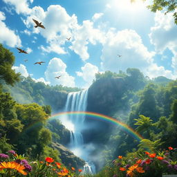 A stunning fantasy landscape featuring a giant waterfall cascading down a rocky cliff, surrounded by lush green forests and vibrant wildflowers