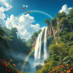 A stunning fantasy landscape featuring a giant waterfall cascading down a rocky cliff, surrounded by lush green forests and vibrant wildflowers