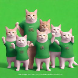 A photorealistic postcard for the day of the defense of the Fatherland, featuring ten muscular cats in green t-shirts standing with their arms raised