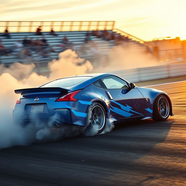 A dynamic scene featuring a Nissan 350Z executing an impressive drift on a racetrack