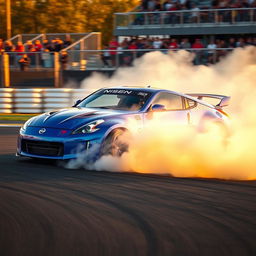 A dynamic scene featuring a Nissan 350Z executing an impressive drift on a racetrack