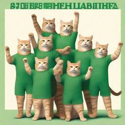 A photorealistic postcard for the day of the defense of the Fatherland, featuring ten muscular cats in green t-shirts standing with their arms raised