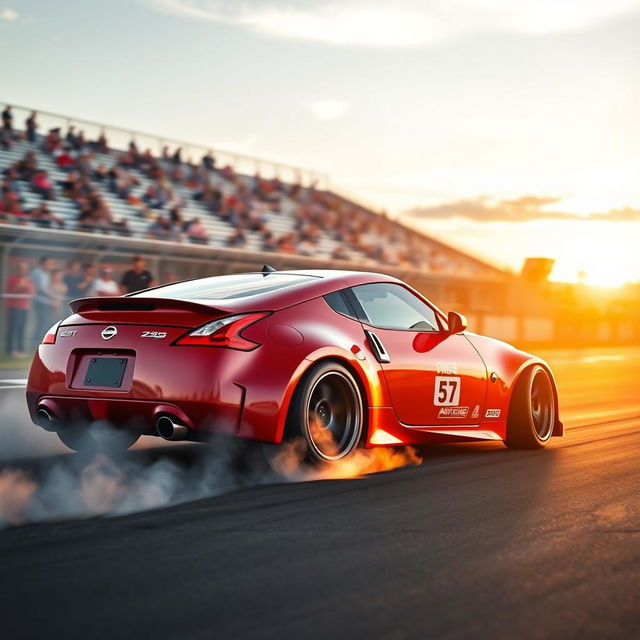 A thrilling scene featuring a Nissan 350Z performing a spectacular drift on an asphalt racetrack