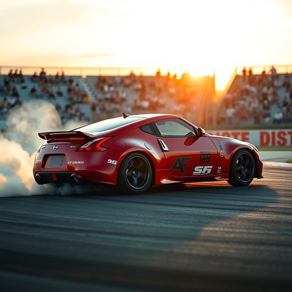 A thrilling scene featuring a Nissan 350Z performing a spectacular drift on an asphalt racetrack