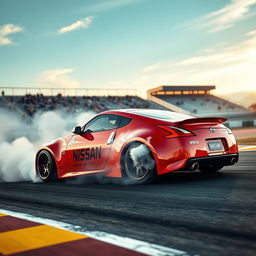 A thrilling scene featuring a Nissan 350Z performing a spectacular drift on an asphalt racetrack