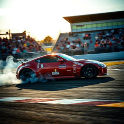 A thrilling scene featuring a Nissan 350Z performing a spectacular drift on an asphalt racetrack