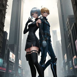 A stunning scene inspired by the game Nier Automata, featuring two android characters in a futuristic dystopian cityscape