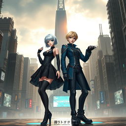 A stunning scene inspired by the game Nier Automata, featuring two android characters in a futuristic dystopian cityscape