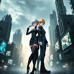 A stunning scene inspired by the game Nier Automata, featuring two android characters in a futuristic dystopian cityscape