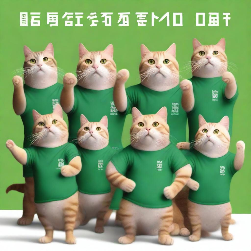 A photorealistic postcard for the day of the defense of the Fatherland, featuring ten muscular cats in green t-shirts standing with their arms raised