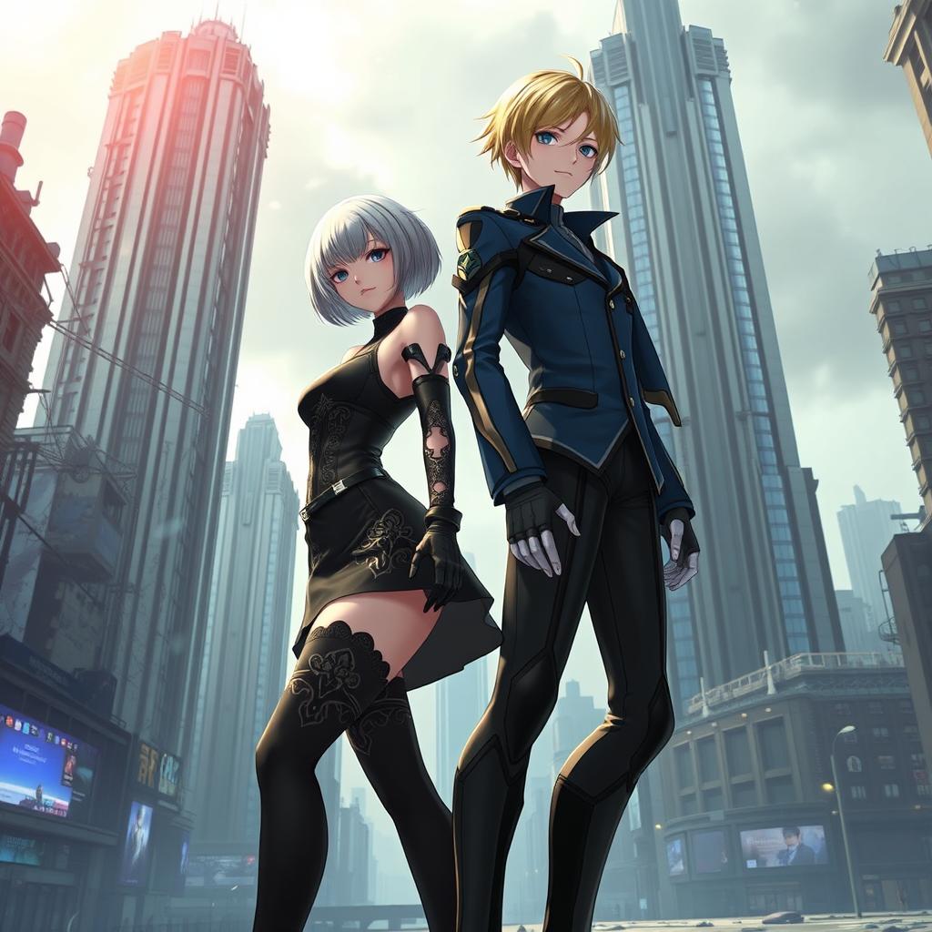 A stunning scene inspired by the game Nier Automata, featuring two android characters in a futuristic dystopian cityscape