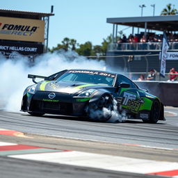 A thrilling action scene showcasing a Nissan 350Z participating in a Formula Drift event