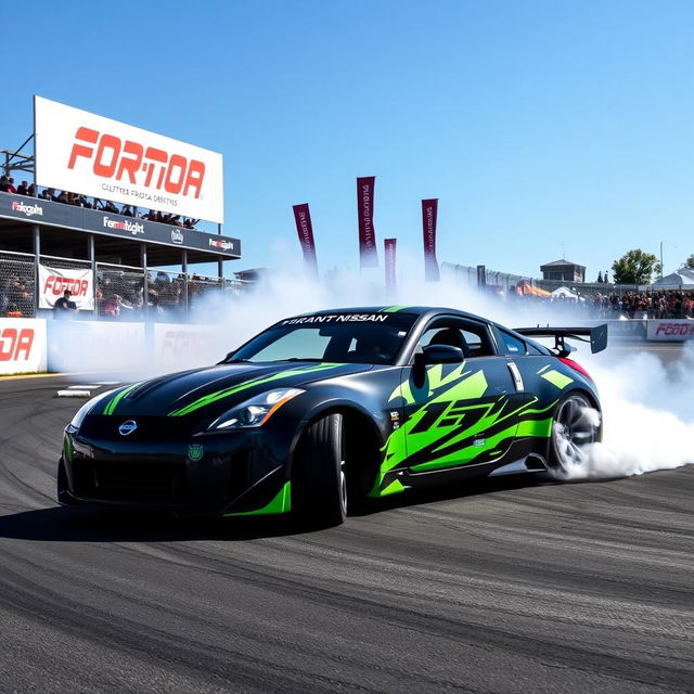 A thrilling action scene showcasing a Nissan 350Z participating in a Formula Drift event