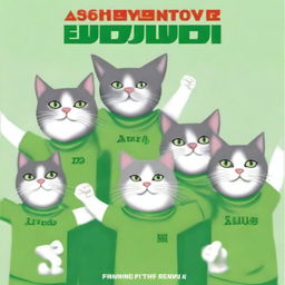 A postcard for Defender of the Fatherland Day, featuring several cats in green t-shirts standing with their arms raised.