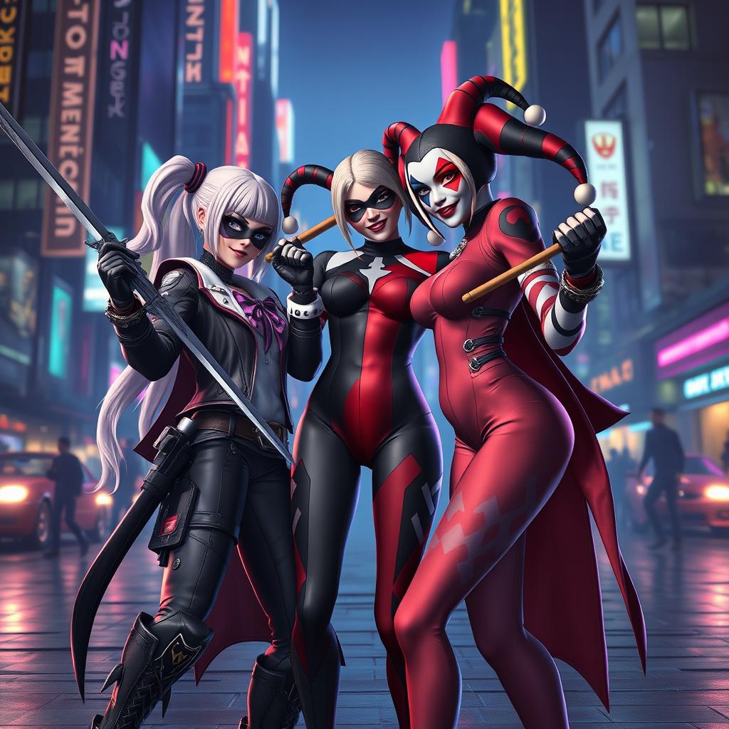 A crossover scene featuring characters from Nier Automata, specifically 2B and A2, dressed in stylish, edgy variations of their iconic outfits, interacting playfully with Harley Quinn, who is wearing her classic jester costume with a modern twist