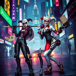 A crossover scene featuring characters from Nier Automata, specifically 2B and A2, dressed in stylish, edgy variations of their iconic outfits, interacting playfully with Harley Quinn, who is wearing her classic jester costume with a modern twist