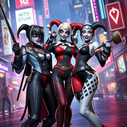 A crossover scene featuring characters from Nier Automata, specifically 2B and A2, dressed in stylish, edgy variations of their iconic outfits, interacting playfully with Harley Quinn, who is wearing her classic jester costume with a modern twist
