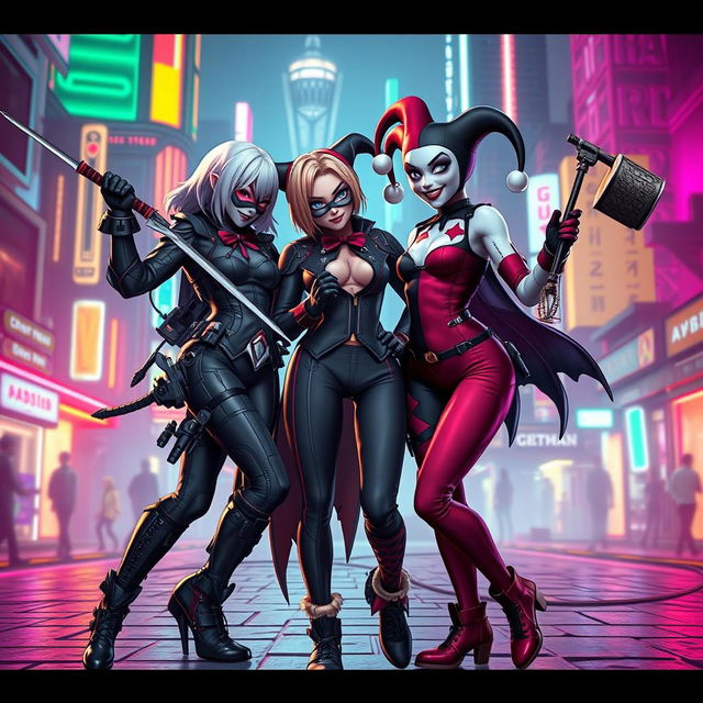 A crossover scene featuring characters from Nier Automata, specifically 2B and A2, dressed in stylish, edgy variations of their iconic outfits, interacting playfully with Harley Quinn, who is wearing her classic jester costume with a modern twist