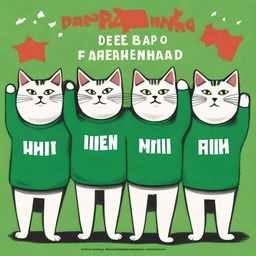 A postcard for Defender of the Fatherland Day, featuring several cats in green t-shirts standing with their arms raised.