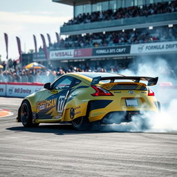 An exhilarating scene featuring a Nissan 370Z competing in a Formula Drift event