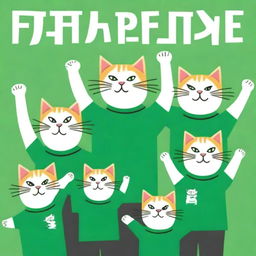 A postcard for Defender of the Fatherland Day, featuring several cats in green t-shirts standing with their arms raised.