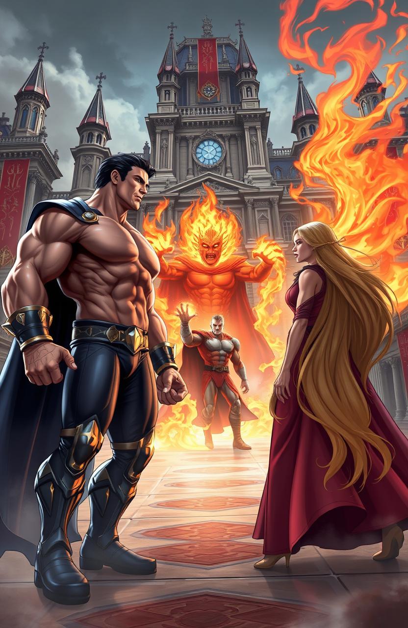 An epic confrontation scene between superheroes and villains set in a grand palace kingdom