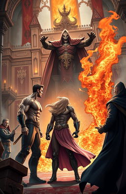 An epic confrontation scene between superheroes and villains set in a grand palace kingdom