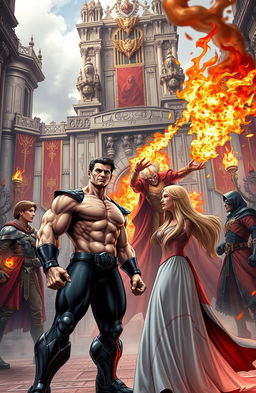 An epic confrontation scene between superheroes and villains set in a grand palace kingdom